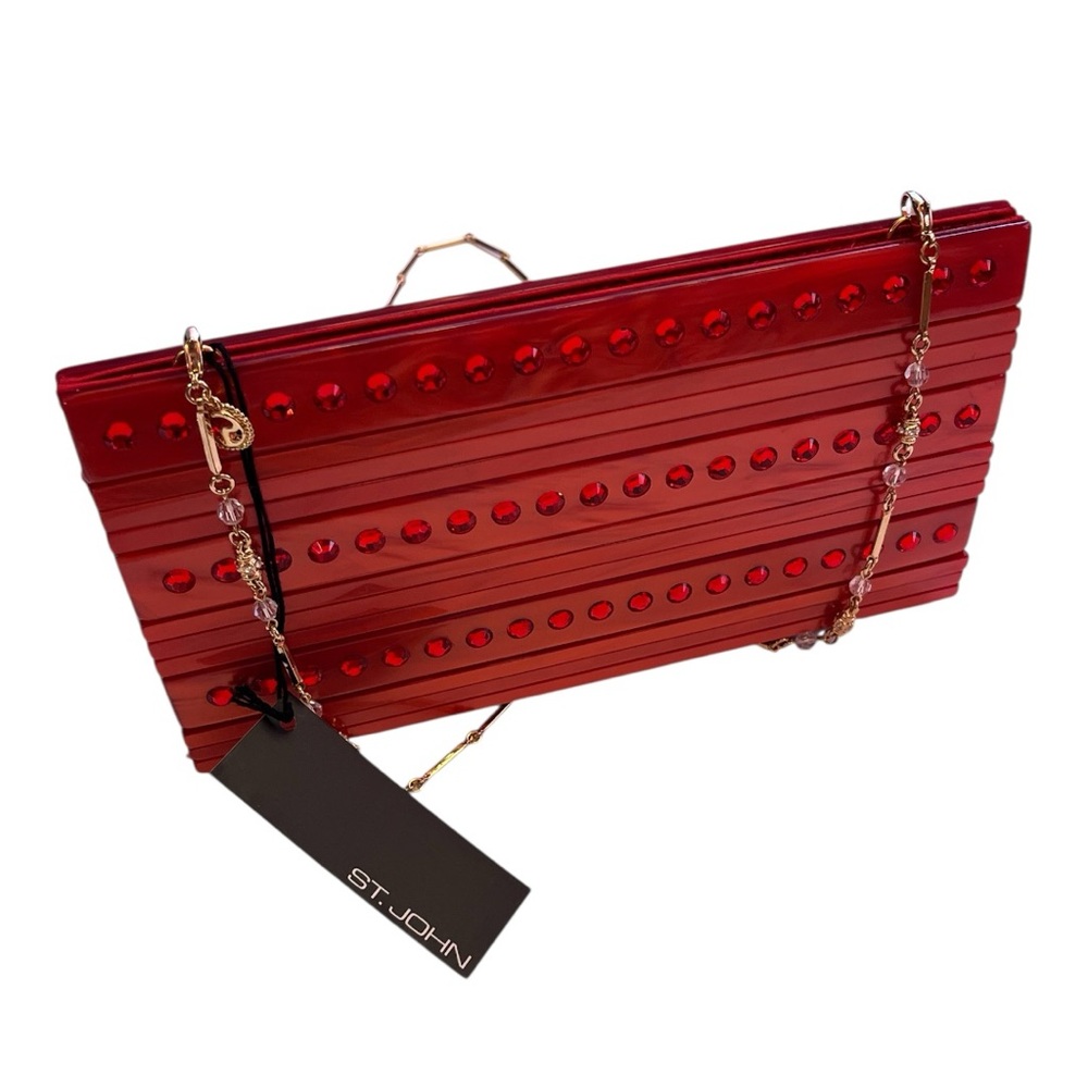 St. John Red Studded Clutch with Gold Chain Made in Italy - Picture 9 of 9
